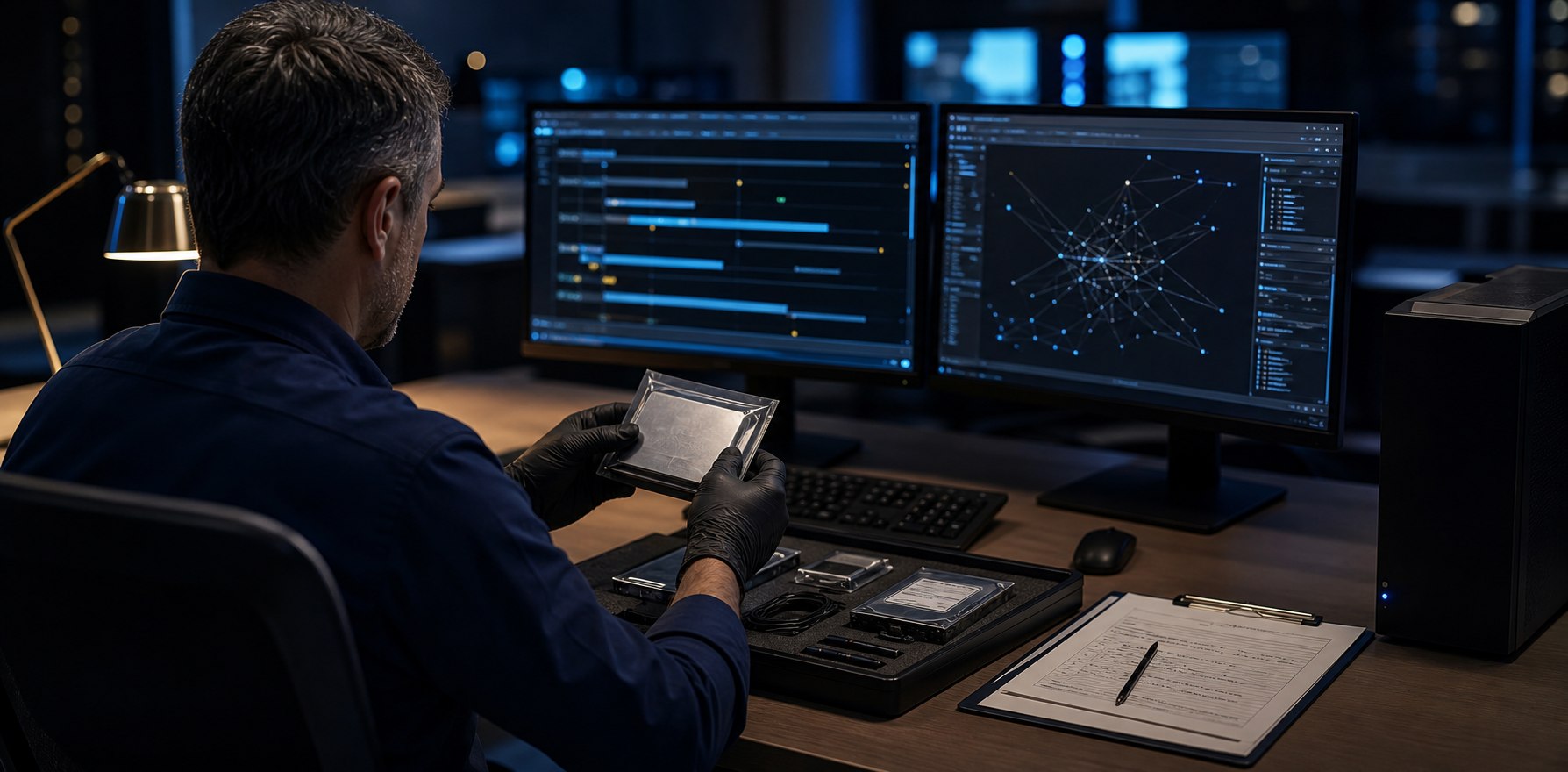 Digital forensics analyst reviewing evidence at a secure workstation