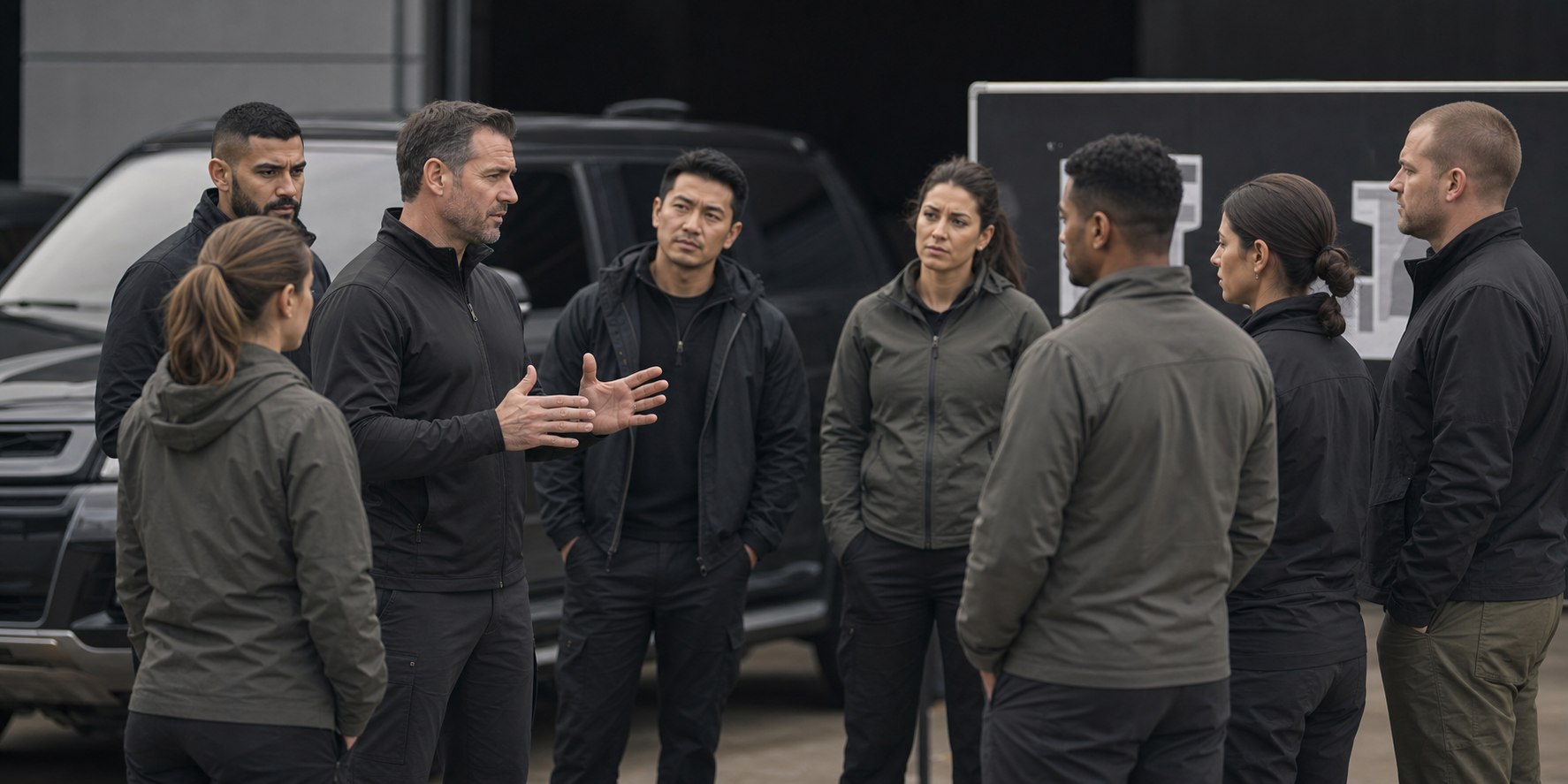Close protection trainees during an instructor briefing